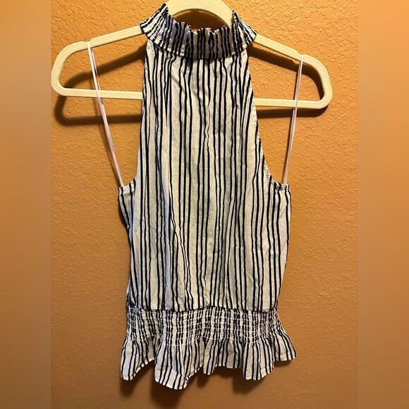 INC Women's Black/White Striped Keyhole Smocked-Waist Halter Top - Picture 1 of 9